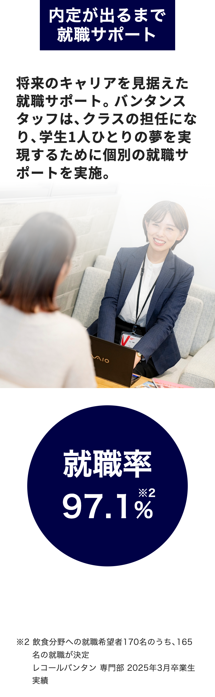 内定が出るまで
就職サポート
将来のキャリアを見据えた
就職サポート。 バンタンス
タッフは、クラスの担任にな
り、学生1人ひとりの夢を実
現するために個別の就職サ
ポートを実施。
SAIO
ww
就職率
*2
97.1%
※2 飲食分野への就職希望者170名のうち、165
名の就職が決定
レコールバンタン 専門部 2025年3月卒業生
実績