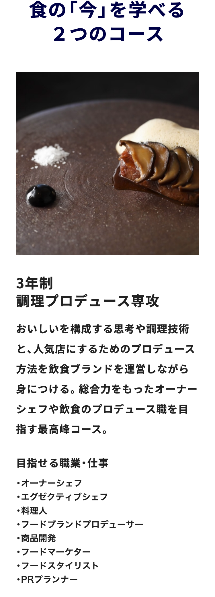 食の「今」を学べる
2つのコース
3年制
調理プロデュース専攻
おいしいを構成する思考や調理技術
と、人気店にするためのプロデュース
方法を飲食ブランドを運営しながら
身につける。 総合力をもったオーナー
シェフや飲食のプロデュース職を目
指す最高峰コース。
目指せる職業・仕事
・オーナーシェフ
・エグゼクティブシェフ
・料理人
・フードブランドプロデューサー
・商品開発
・フードマーケター
・フードスタイリスト
・PRプランナー